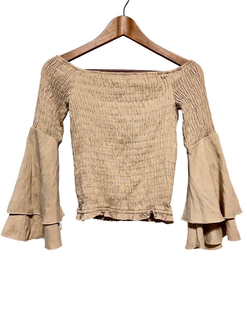 Smocked Off Shoulder Bell Sleeve Crop Top Boho Festival Prairie XS S